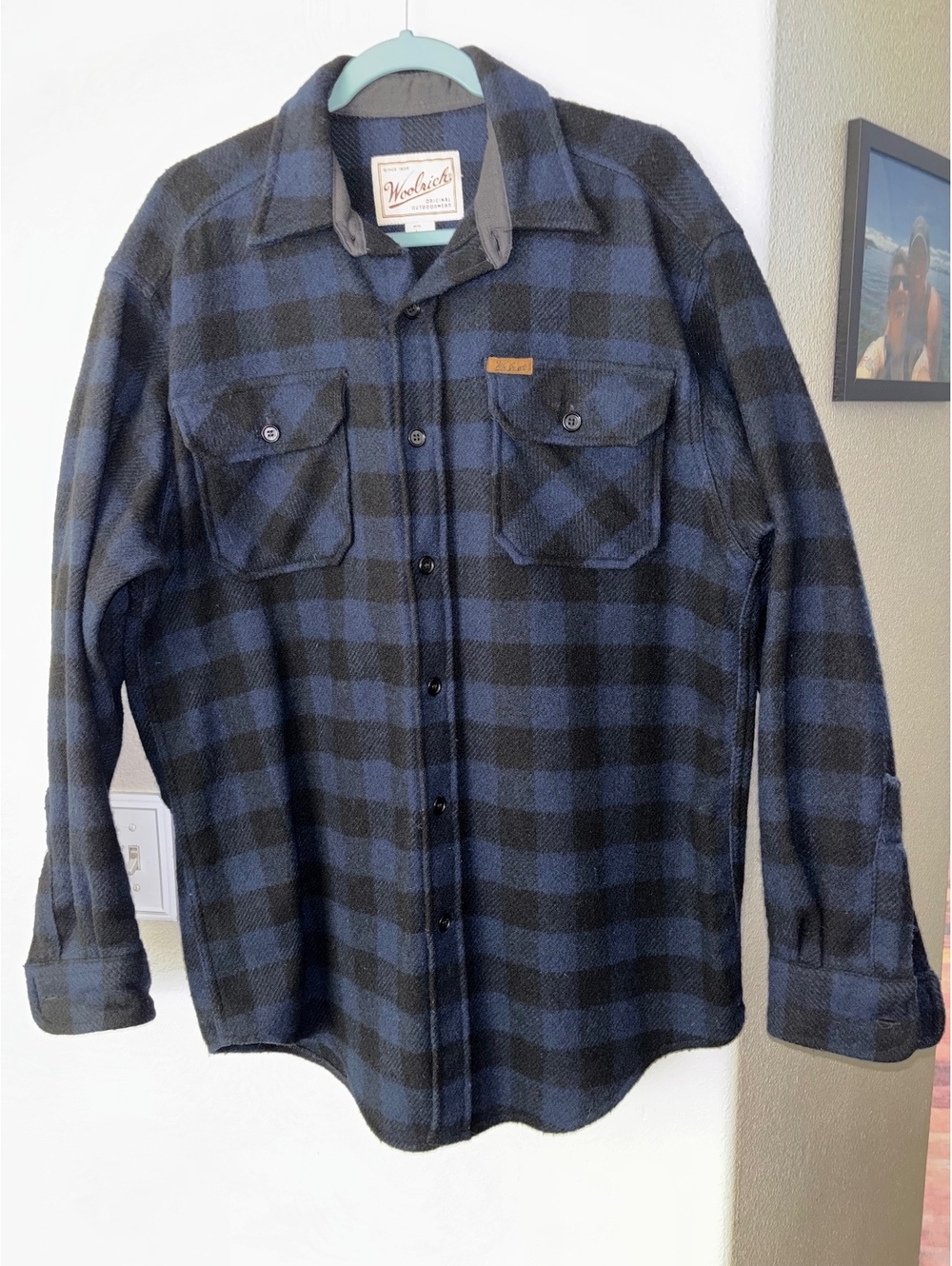 Vtg Woolrich Buffalo Plaid Flannel Shirt Jacket Blue Black 85% Wool Men's L